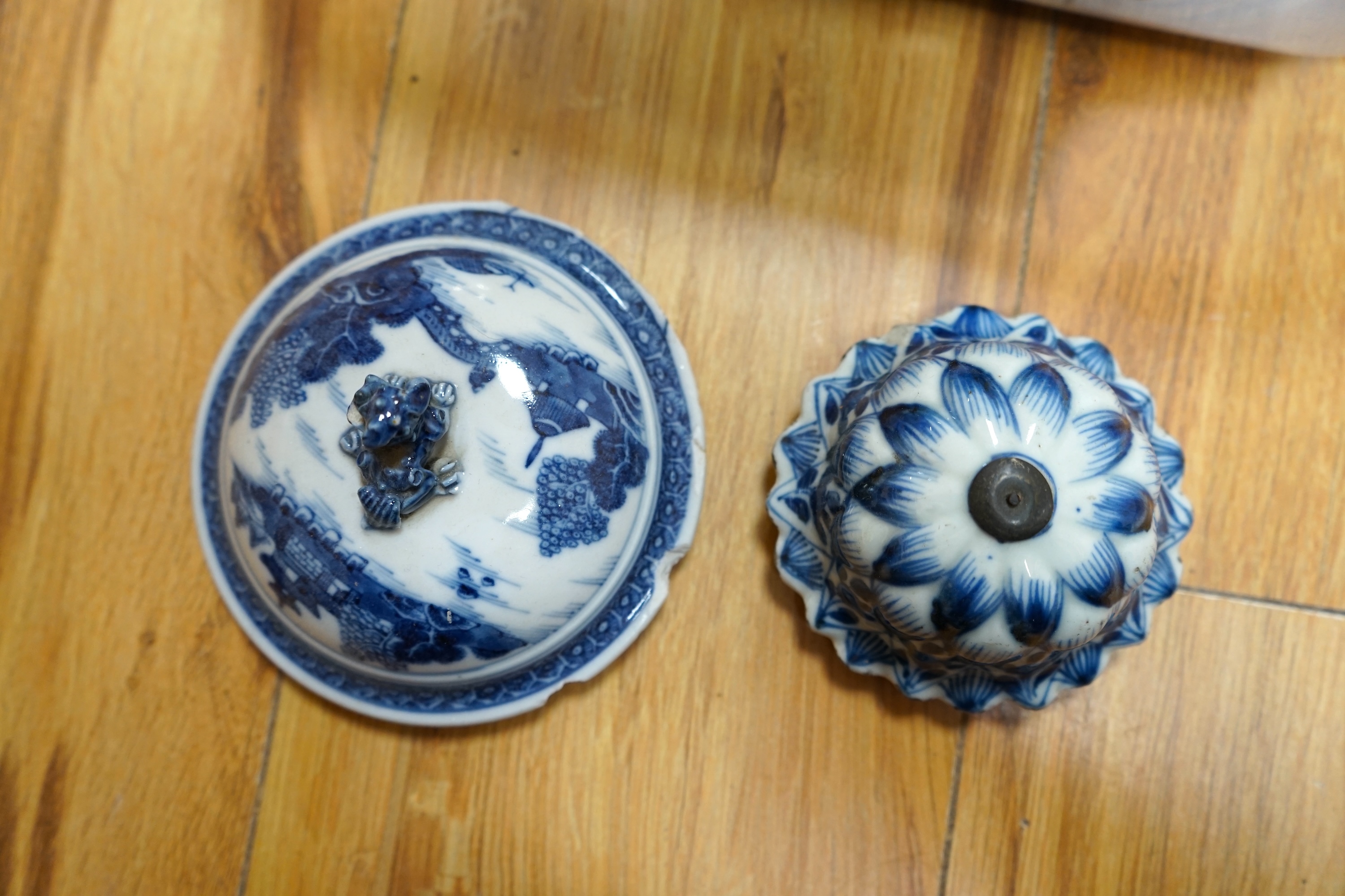 A quantity of various Chinese blue and white porcelain covers, 18th century and later and a Japanese satsuma porcelain cover. Condition - varies